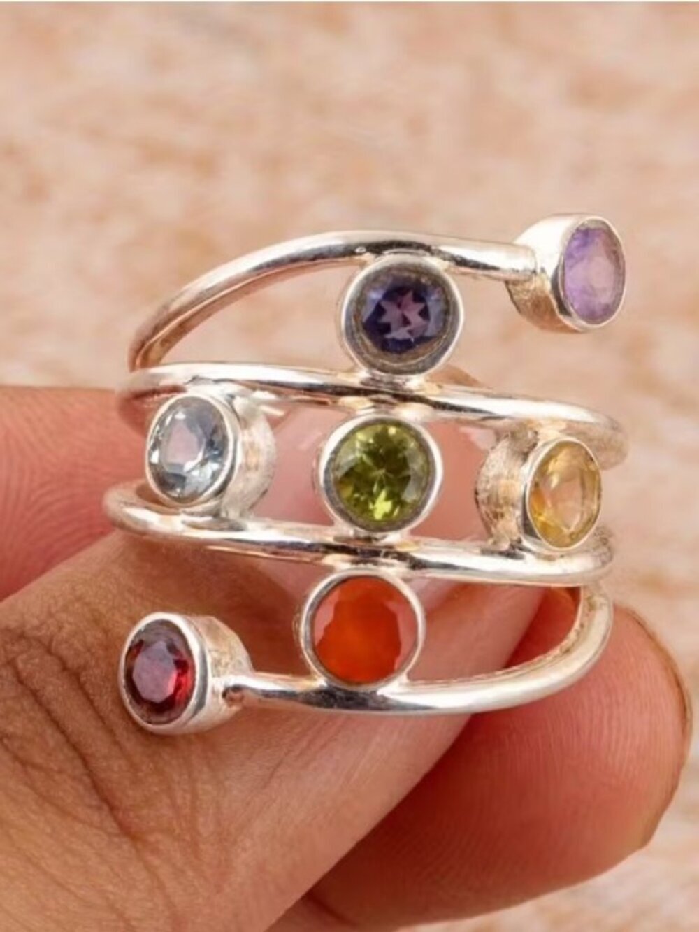 Wide Ring with Multicolor Zirconia Unisex Design Size 7 Festival Boho